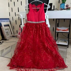 Girls long red dress with 3d flowers - perfect condition